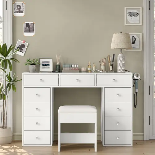 FUSOU Mirrorless Vanity Desk, Makeup Vanity with 11 Drawers and Charging Station, White Vanity with Storage for Bedroom, Home Office Computer Desk for Bedroom, White,Deals For You Days