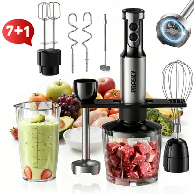 PRASKY Professional Hand Blender 1200W Motor 20 Speeds Modes with Turbo Stainless Steel Blade Egg Whisk Beaker Chopper Bowl Multi-Function Kitchen Stick Mixer for Soups, Smoothies, Baby Food & Juicer, Small Kitchen Immersion Hand Blender