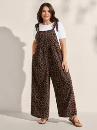 BLOOMCHIC Women's Plus Size Casual Overalls [M-6X] Leopard Print Relaxed Fit Stylish Women's Wear Curvy Clothing with Shirred Shoulder Straps Sleeves Pockets,ETry-On Haul Favorite Stretch Coveralls,Summerfinds