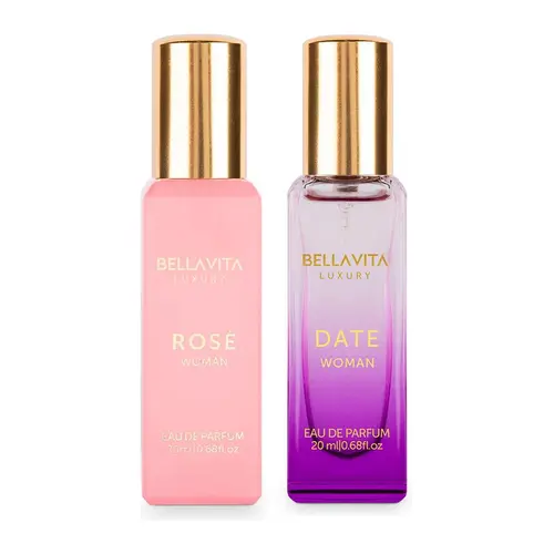 BellaVita Luxury Women’s Perfume Combo | Rose – Jasmine, Peach & Amber | Date – Pink Pepper, Red Fruit & Jasmine | 20ml Mini Eau De Parfum (EDP) Each | Floral, Fruity & Spicy | Long Lasting, Portable, Vegan & Cruelty Free Perfume Set