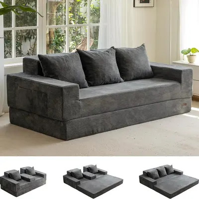 MAXYOYO Sofa Bed, 4 in 1 Foldable Floor Sofa Couch in A Box with 2 Cup Holders, Convertible 3 Seater Boneless Couch Folding Recliner Sleeper Chair for Living Room, No Assembly Required, sofa bed | Living Room | Summer Deal