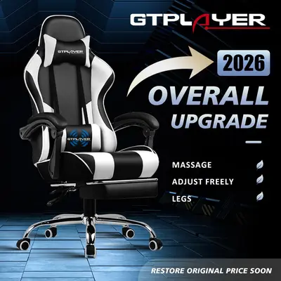 2026 Overall Upgrade Gaming Chair with Massage Lumbar Support & Footrest Height Adjustable Ergonomic Office Chair for Long Hours Work