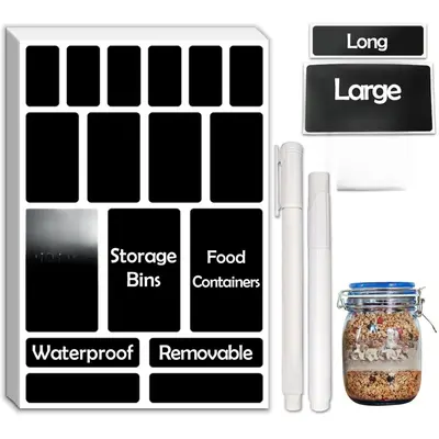 170Pcs Black Removable Waterproof Labels for Jars Storage Bins Food Containers with 2 Liquid Chalk Markers for Home Office Shipping Event Planning