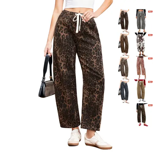【GRAPENT Barrel Jeans Collection】Leopard Bold Barrel Jeans for Women | Pull On High Waisted Cropped Wide Leg Denim Leopard Cheetah Print Y2K Trend | All-Stage Comfort Flexible Fit,summerwins,summeroutfits,vacationoutfits,beachoutfits