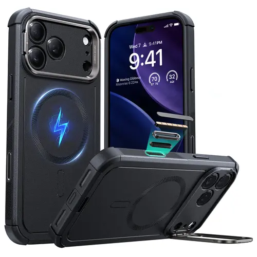 ESR Magnetic Cyber Series Protective Phone Casing Cover for iPhone 17/16/15, Polycarbonate Durable Protection, MagSafe Wireless Accessory with Stash Stand, Camera Control & 23FT Shockproof Shock Absorption