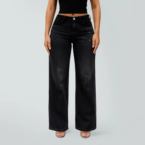 Magic ONESO BBL Jeans for Women Mid-Low Rise Stretch Baggy Fit Comfortable Black Wide Leg Distressed Denim with Tummy Control Minimalist Basic Trouser