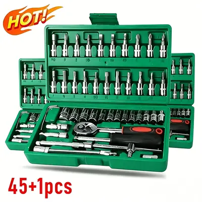 【SummerVibes】46/53pcs 1/4 Inch Drive Socket Ratchet Wrench Set, With Bit Socket Set Metric And Extension Bar For Auto Repairing And Household, With Storage Case,Gift for Man,Husband,Springtok Tool Box Hardware