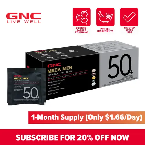 GNC Mega Men 50+ Vitapak, 5-in-1 Multivitamin Pack, Energy Production, Men's Health, Prostate, Joints, Dietary Supplement, 30 Servings