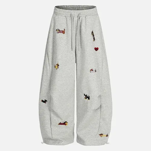 Aelfric Eden Women's Aesthetic Embroidered Cartoon Animal High-Waist Medium Baggy Wide-Leg Sweatpants - Drawstring Elastic Waist, Pockets, Casual Vintage Streetwear Clothing, Whimsical Trending Pants for Women