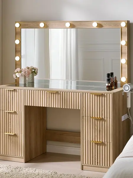 [Summerwins]AMERLIFE 36.2/47.2" Fluted Vanity Desk with Mirror and Adjustable LED Lights, Large 4/7 Drawers Makeup Table with Glass Top and Charging Station for Women and Girls,,Best Gift Ideas,Lighted Vanity Table, Modern Makeup Vanity