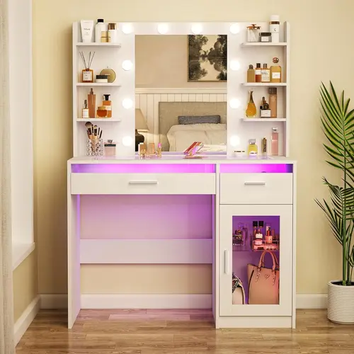 【Summergarden】Makeup Vanity Desk with Lighted Mirror, 3-Color Lights, Transparent Top, 2 RGB Drawers, 6 Shelves, Large Tempered Cabinet, Power Outlet, Stylish Full-Sized Luxury-Inspired Drawer-Style Vanity for Bedroom, White, Stylish Makeup Vanities