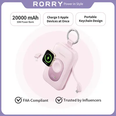 RORRY CharmGo 20000mAh Portable Power Bank with Built-in Cables & Keychain – 30W PD Fast Charging for iPhone Apple Watch & Android   Giftideas