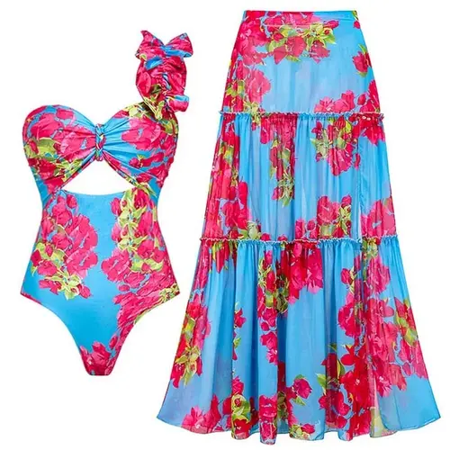 FLAXMAKER Women's One Shoulder Ruffle Removable Strap Flower Print One Piece Swimsuit and Skirt Swimdress Beachwear Sexy Tummy Control Summer Bathing Suit Stylish Beachwear #Summervibes #TikTokShopMothersDay #SwimWeek summerwins