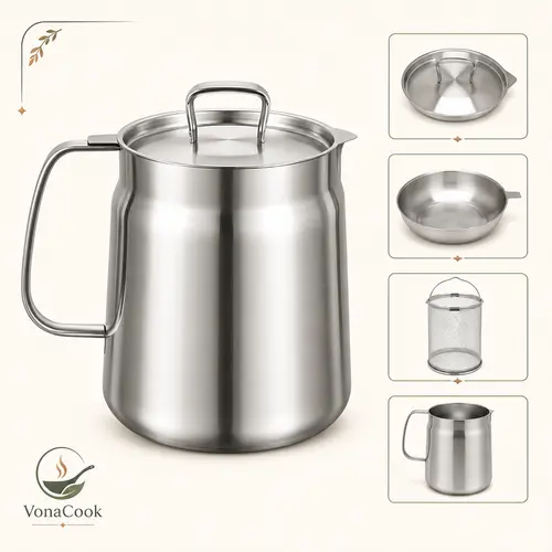 304 Stainless Steel Deep Fryer Pot with Basket & Strainer, Large Capacity Bacon Grease Container for Kitchen,Frying, Cooking, Camping,Oil Filter Container - Dishwasher Safe