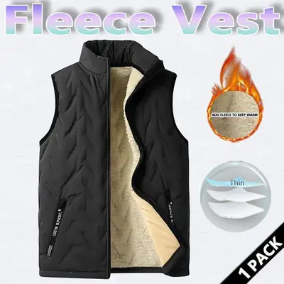 Men's winter thermal vest, wool lining, regular fit, polyester fiber, zipper design, machine washable, casual style, medium size men's top, solid color vest, wetsuit, tractor pattern, beige, black, crew neck, lightweight. SpringStatements