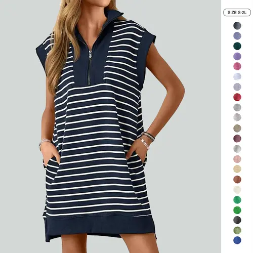 Wenrine Women's Striped Mini Dress Casual Zipper Cap Sleeve Collared V Neck Loose Knit Summer Dresses