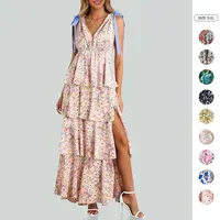 Wenrine Women’s Summer Floral Maxi Dress Tie Strap Sleeveless V Neck High Slit Boho Ruffle Tiered Beach Dresses