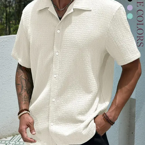 Men's Textured Knit Fabric Plain Button-Front Short-Sleeve Long Shirt, Casual Regular Fit Fitted Collared Top for Summer, 2024 Holiday & Daily Wear Menswear