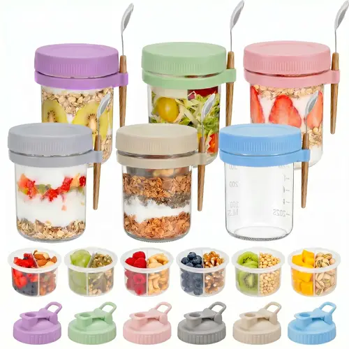 16 oz Airtight Anti-Leak Bisphenol A (BPA)-Free Glass Canister Jars with Lids, Spoons, Removable Silicone Compartments, Stackable Food Storage Kitchen Accessories for Overnight Oats, Chia Pudding