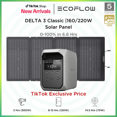 EF ECOFLOW DELTA 3 Classic Portable Power Station with 160/220W Solar Panel, Solar Charging, LiFePO4 Battery, 1800W AC/100W USB-C Output