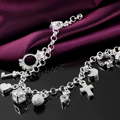 1pc Elegant 925 Sterling Silvery Heart Key Pendant Bracelet,Women's Bracelet,13 Small Pendants,Bohemian Style,Shiny and Exquisite Silvery,Women's Fashion Jewelry Accessories, Suitable for Wife Girlfriend,Fashion Gift,Birthday Gift   bangle Statement Piece