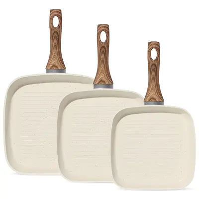 3 Piece Nonstick Grill Pans, Square Frying Pans Set for Indoor Outdoor RV Camping Cooking, Removable Heat-resistant Handle,PFOA Free Skillet with Stay Cool Handle