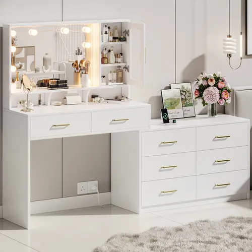 TOKSOM Large Vanity Desk with 3 Color Touch Screen Dimming Mirror,Vanity Desk with Charging Station,Modern Retractable Makeup Dressing Table,Vanity Table With storage shelves and 8 Sliding Drawers,White,Black
