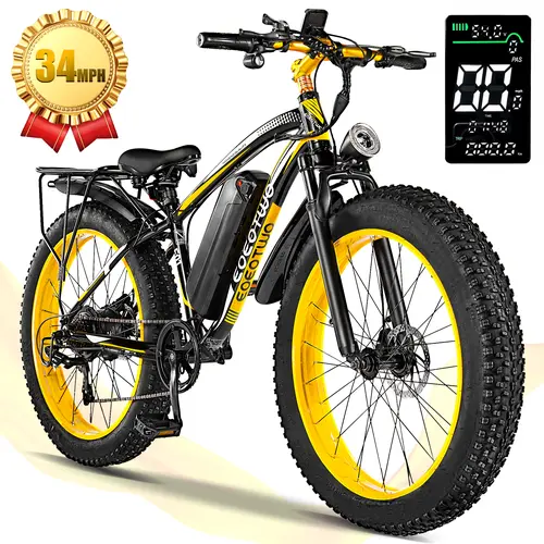 EOEOTWO adult electric bicycles, with peak power of 1500 watts, equipped with front suspension and 7-speed transmission system, detachable battery, aluminum frame, with a range of up to 60 miles, 34MPH ，26 * 4-inch step-through commuter electric bicycle.