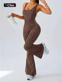 Women's Leopard Print Yoga Jumpsuit, Activewear Jumpsuit, Cross Strap Design, Long Sleeve Slim Fit, Casual Fashion for All Seasons, Comfortable Wear at Home