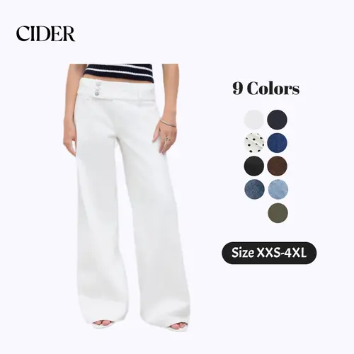 Cider Baggy Wide Leg Jeans Women's Retro Y2K Low Rise Denim Trousers Triple Button Waistband Solid Long Pants for Daily Casual Wear Petite & Plus Size Friendly Minimalist Basic Womenswear Bottom SummerWins Dealsforyou