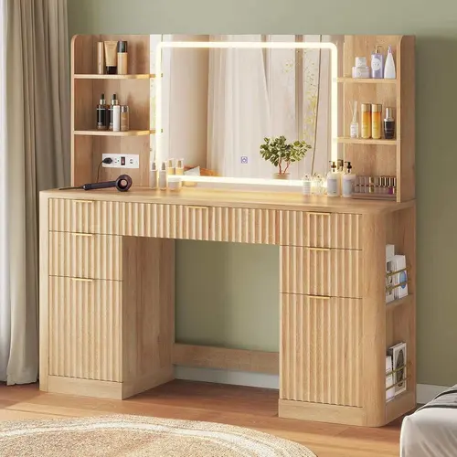 Sikaic 51.2" Fluted Makeup Vanity Desk with Large 30.3" Mirror and Lights, 5 Drawer Vanity with Power Strip, 6 Open Shelves, 2 Cabinets, Modern Dressing Table with Solid Wood Legs for Bedroom, Oak Summerwins