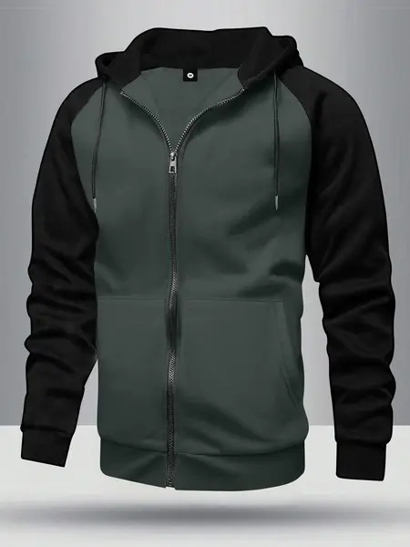 Men's Spring/Fall Lightweight Raglan Sleeve Zip-Up Hoodie with Pockets, Colorblock Fashion Casual Sports Outdoor Men's Jacket, Suitable for Leisure, Running, Outdoor Activities