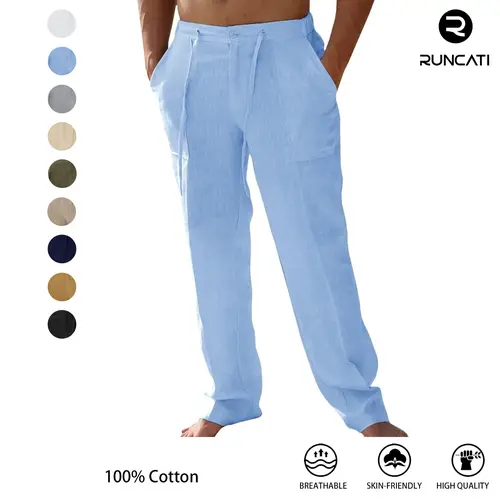 Runcati Mens Casual 100% cotton Pants Loose Fit Elastic Drawstring Waist Straight-Legs Summer Yoga Beach Long Pants father's day gift