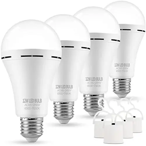 4 Pack Rechargeable Emergency Light Bulbs A19, Camping Lamp Battery Powered LED Light Bulb 6000K Daylight E26/E27 120 Volt 12W 60W Equivalent with 1200mAh for Home Power Outage Camping Hurricane #SummerVibes
