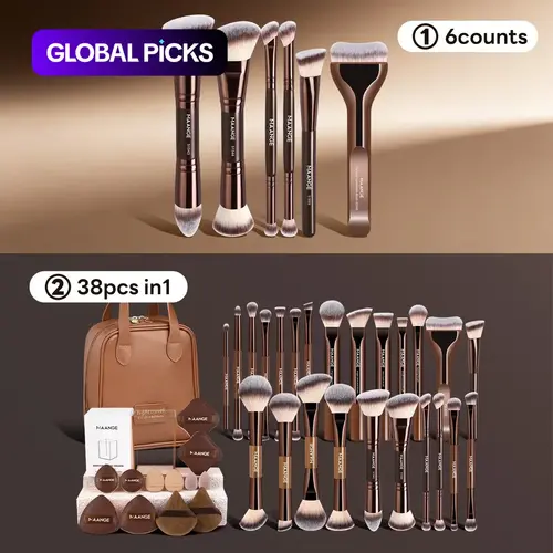 MAANGE Makeup Brush Set with 12 Powder Puffs, Storage Cylinder and Handheld Bag, Metal Frame, 6/24 Pieces Cosmetic Tools, Face Makeup Brushes, Soft Brushes, Makeup Brush Kit #GLOBAL PICKS