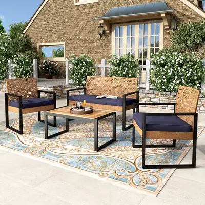 PHIVILLA Outdoor Wicker Patio Furniture Set, Cushioned Rattan Loveseat & Chairs, Rattan Sofa Set with Acacia Wood Coffee Table, Elegant All-Weather Seating for Garden, Backyard & Poolside, DealsForYouDays