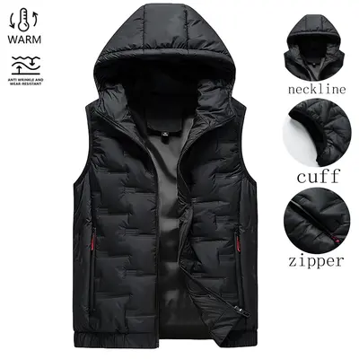 Men's Warm Cotton-Polyester Sleeveless Hooded Gilet Vest Jacket, Autumn-Winter Casual Streetwear Menswear Waistcoat