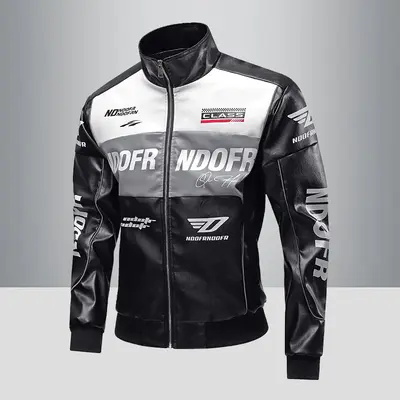 Men's American Street Racing Style Printed Stand Collar PU Leather Jacket Zipper Coat Spring Autumn Trendy Motorcycle Brand Outerwear Menswear Stylish Black Long Sleeve