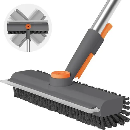AIR U+ Floor Scrub Brush with Long Handle, 3 in 1 Scrape and Heavy-Duty Stiff Bristle Scrubber Brush for Cleaning Shower Bathroom, Patio, Pool, Garage, Kitchen, Wall and Deck.