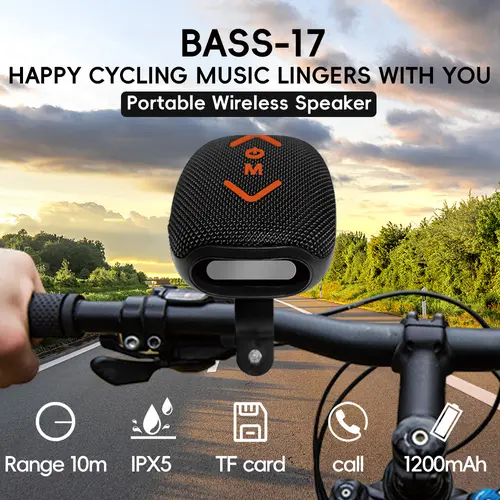 Bass-17 Wireless Cycling Speaker: 7W Stereo with Deep Bass to Boost Your Ride, 1200mAh for 10H Playback, IPX-5 Waterproof,Supports Bluetooth & Hands-Free Calls – Built for Motorcycles & Bikes, All-in-One Speaker with Subwoofer Power