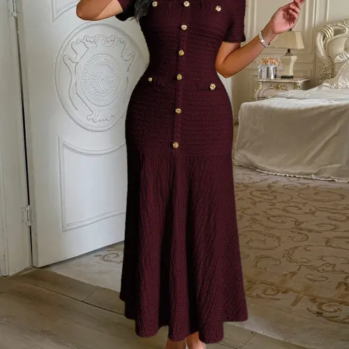 Pure Color Casual Button Decorated Fitted Short Sleeve Dress, Stylish Slim Fit Design for Everyday Wear, Perfect for Comfortable
