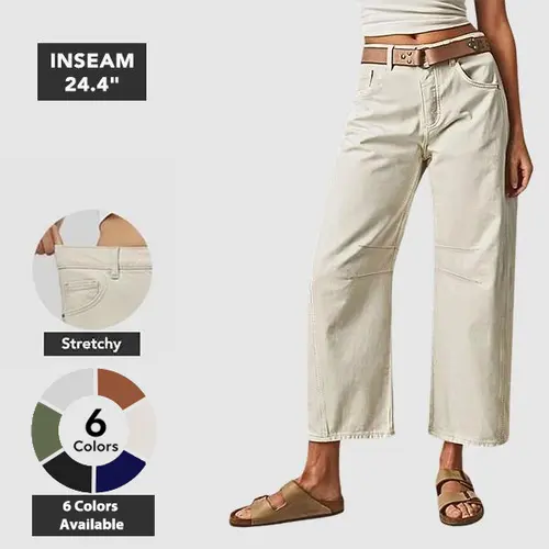 Flamingals Solid Stitch Detail Mid Waist Crop Baby Barrel Pants Without Belt Casual Summer Vibes