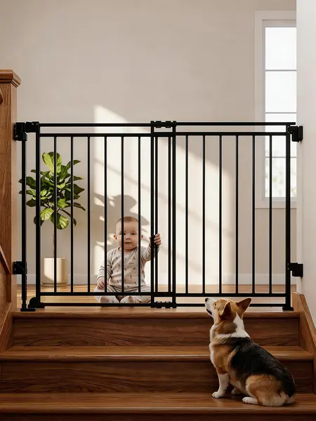 Summerwins Safety Baby & Dog Gate for Stairs & Doorways, 26"-44" W x 28" H No Bottom Bar, 1-Handed Auto-Close Hardware-Mount Design with Durability & Maximum Stability, Black/White