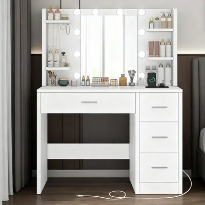 Modern LED Light White Vanity Desk with Power Outlet and Mirror for Makeup & Hair Styling 4 Drawers 3 Color Modes Adjustable Brightness Dressing Table Bedroom, Led Vanity Dresser, Modern Vanity Table