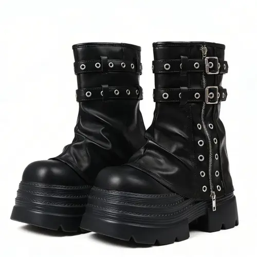 AOSPHIRAYLIAN Casual Goth Ankle Fold Over Boots Women Y2k Chunky Low Heel Fall Slouchy Platform Boots Motorcycle Buckle Zipper Design Fashion Buckle Black Boots Alt girls Concert Outfit Full Season Walking Shoes Footwear,summerwins,summeroutfits,vacationo