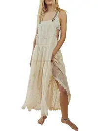 Ebossy Women's Basic Minimalist Sleeveless Laced Embroidered Tulle Bib Dress Casual Loose Adjustable Straps Maxi Dress Womenswear Boho Style