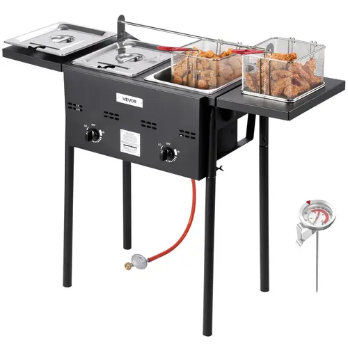 【DealsForYouDays】VEVOR Outdoor Propane Deep Fryer,  Dual-Tank 8QTx2 Commercial Fryer, Stainless Steel Cooker with Foldable Platform, Dual Basket, and Heat Adjustment, Floor Standing Fryers for Restaurant Home Snack Bar