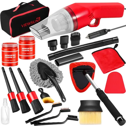 【DealsForYouDays】Viewsun 17PCS Car Cleaning Kit, Car Interior Detailing Kit with Red High Power Handheld Vacuum, Detailing Brush Set, Windshield Cleaner, Cleaning Gel, Complete Auto Accessories for Women，Summervibes
