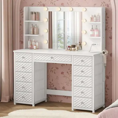 Sikaic Vanity Desk with Lights and Mirror, 43.3” Makeup Vanity with Power Strip, 11 Drawers and 6 Open Shelves, Dressing Table with 3 Color Lighting Modes for Bedroom, Women, Girls