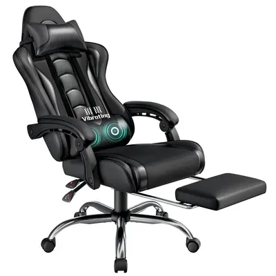 Costoffs Ergonomic Gaming Chair with Massage Lumbar Support, Retractable Footrest & Headrest – PU Leather Reclining Office Chair, Swivel Rolling Desk Chair for Tall Gamers